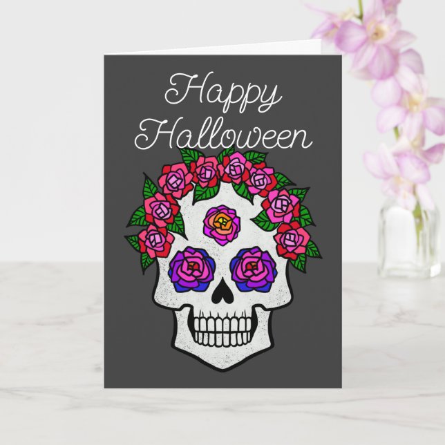 Cartão Feliz Halloween Caveira Arco-íris com Rosas (Orquídea)