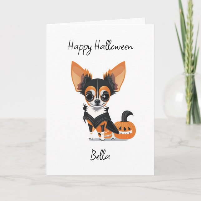 Cartão Feliz Halloween Chihuahua e Página de Coloração (Frente)