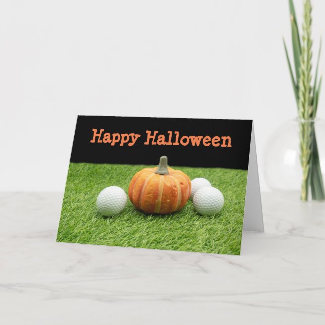 Cartão Feliz Halloween com bola de golfe e abóbora (Frente)