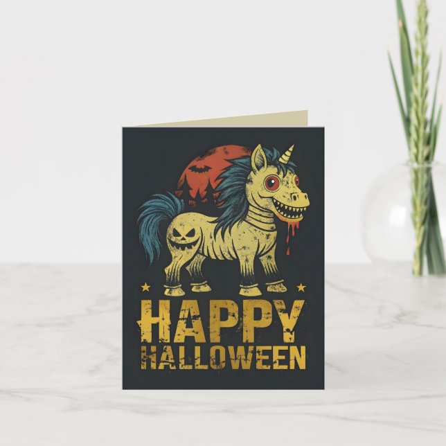 Cartão Feliz Halloween Creepy Unicorn (Frente)