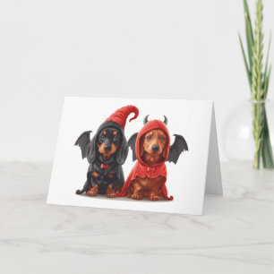 Cartão Feliz Halloween Dachshund Dogs Devil Bat