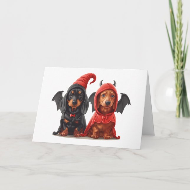 Cartão Feliz Halloween Dachshund Dogs Devil Bat (Frente)