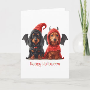 Cartão Feliz Halloween Dachshund Dogs Devil Bat