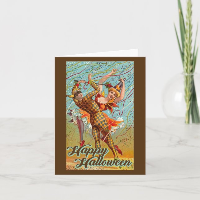 Cartão Feliz Halloween Dançando Bufa Máscara Vintage (Frente)