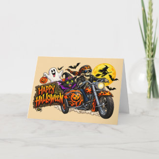 Cartão Feliz Halloween de Motoqueiro Esqueleto Assustador