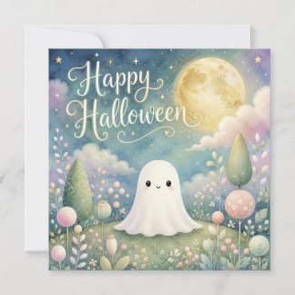 Cartão Feliz Halloween Fantasma Fofo Jardim Pastel