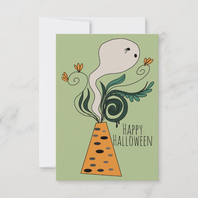 Cartão Feliz Halloween Fantasma Greenery Doodle Floral (Frente)
