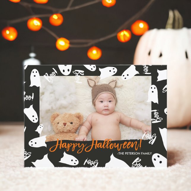 Cartão Feliz Halloween Fantasmas bonitos foto de dois tex (Happy Halloween cute ghosts boo text photo Card)