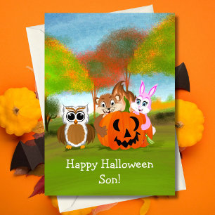Cartão Feliz Halloween Filho Chipmunk, Coelho e Coruja