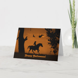 Cartão Feliz Halloween Fofo com Rapariga e Bruxa de Caval