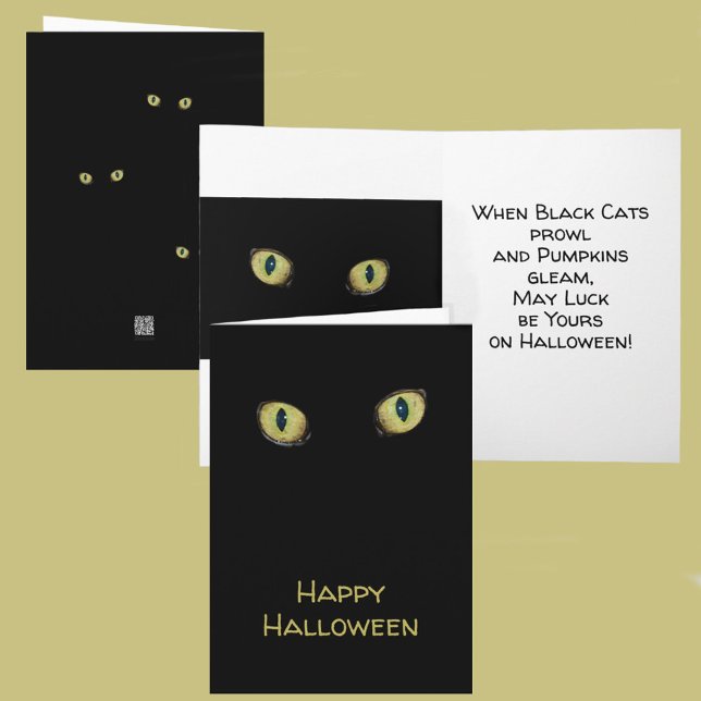 Cartão Feliz Halloween Fotográfico Olhos de Gato Amarelo  (Criador carregado)