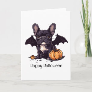 Cartão Feliz Halloween Francês Buldogue Wings Pumpkins