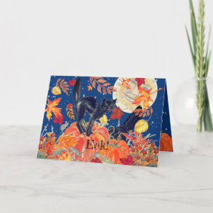 Cartão Feliz Halloween Gato Mouse Lua de Mão Pumpkin 