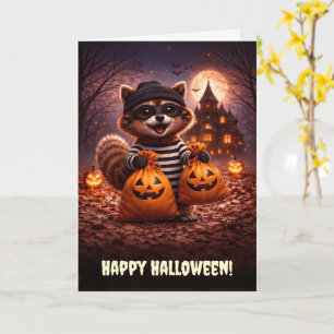 Cartão Feliz Halloween Guaxinim Fofo e Divertido Fazendo