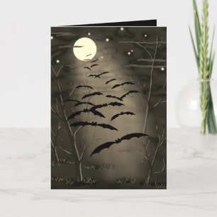 Cartão Feliz Halloween Lua Amarela Cheia Morcegos Vintage