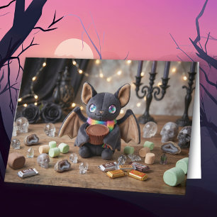 Cartão Feliz Halloween   Morcego de Pelúcia Fofo e Seduto