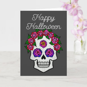 Cartão Feliz Halloween Rainbow Skull com Rosas