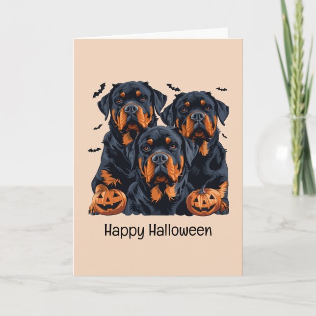 Cartão Feliz Halloween Rottweiler Cães Jack O Lanterna (Frente)