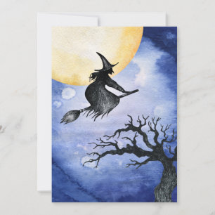Cartão Feliz Halloween Saudando Bruxa Voadora