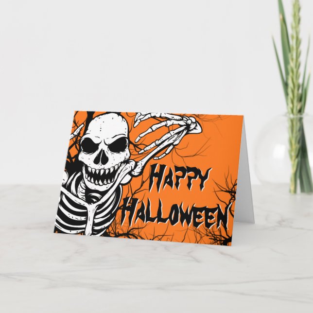 Cartão Feliz Halloween Skeleton Orange Black Spooky (Frente)