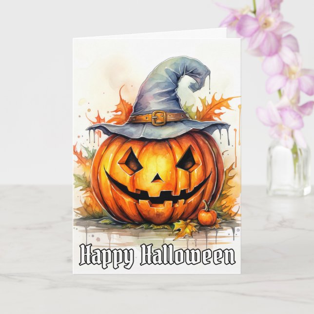 Cartão Feliz Halloween Watercolor Pumpkin Art (Orquídea)