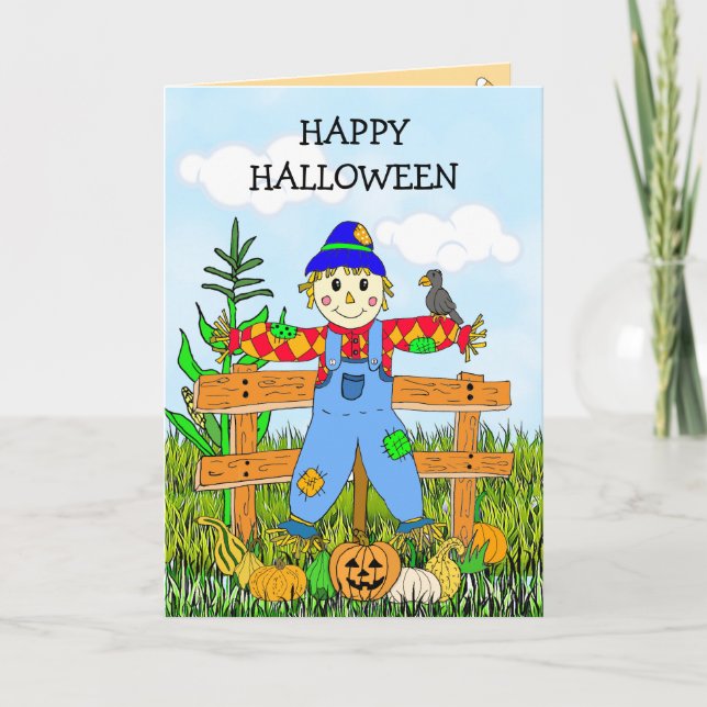 Cartão Feliz Halloween Whimscarecrow e Pumpkins (Frente)