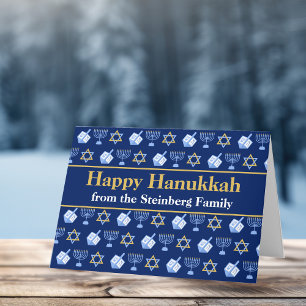 Cartão Feliz Hanukkah Blue Menorah Star de David Pattern
