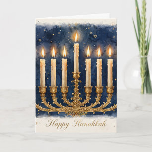 Cartão Feliz Hanukkah — Menorá Aquarela Azul Ouro