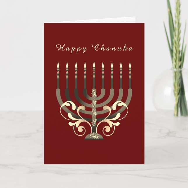 Cartão Feliz Hanukkah, menorah decorativa, estrela de Dav (Frente)