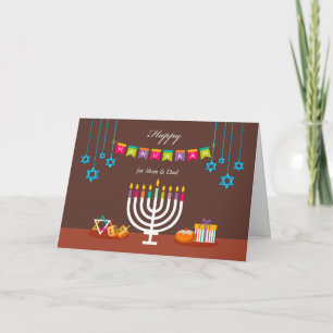Cartão Feliz Hanukkah para Mamãe e Papai, Menorá Colorida