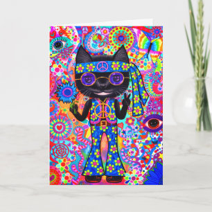 Cartão Feliz Hippie Cat Sinal de Paz Óculos Roxos de Sol