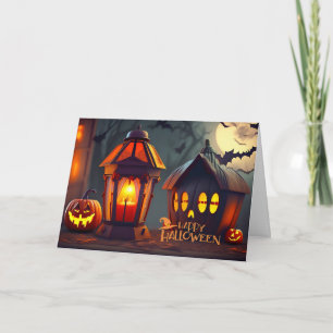 Cartão Feliz Lanterna Halloween, Bats Noturnos Voando
