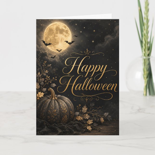 Cartão Feliz Lua de Halloween Abóbora (Frente)