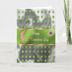 Cartão Feliz Lua Rosa de São Valentim Joias & Estrelas