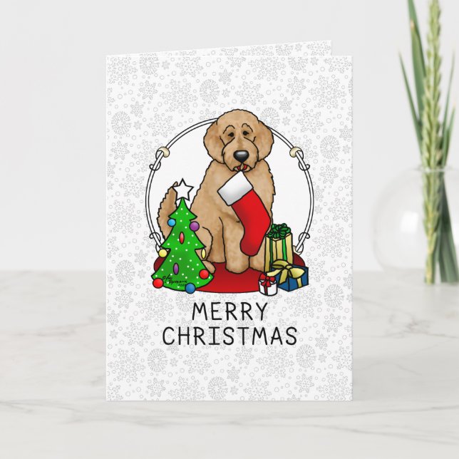 Cartão Feliz Natal 2 Goldendoodle (ouro vermelho) (Frente)