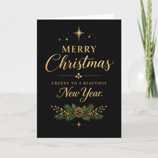 Cartão Feliz Natal Ano Novo Preto e Dourado