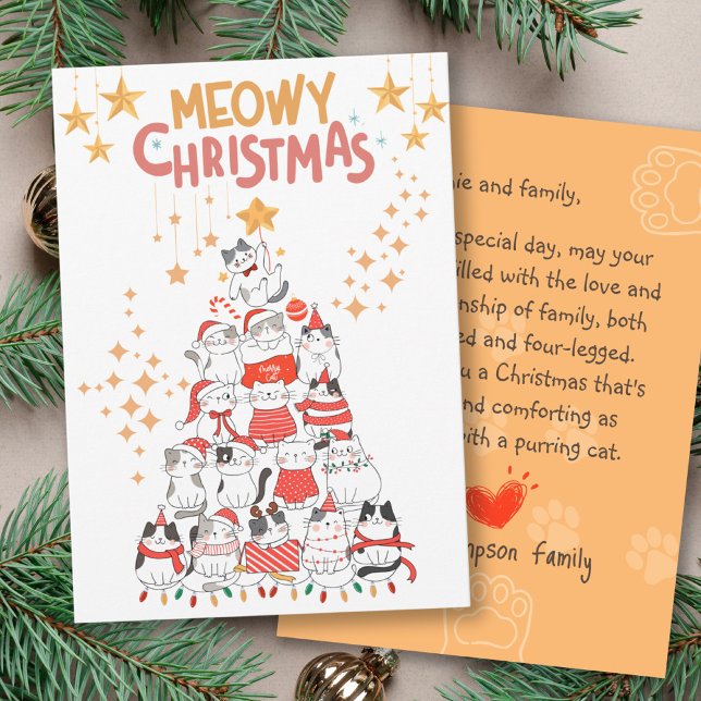 Cartão Feliz Natal Árvore de Natal Meowy (Funny Cats Xmas Tree Meowy Christmas Flat Card (Front))
