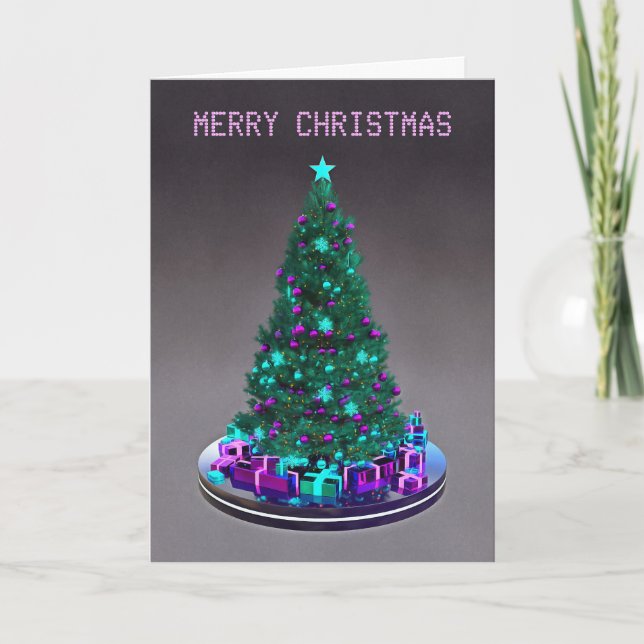 Cartão Feliz Natal. Árvore decorada com presentes (Frente)