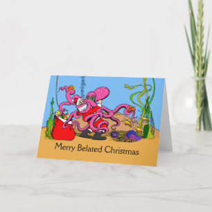 Cartão Feliz Natal atrasado Papai Noel lutando com um pol
