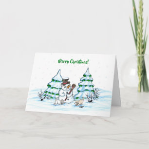 Cartão Feliz Natal! Boneco de Neve com Gato e Cachorrinho