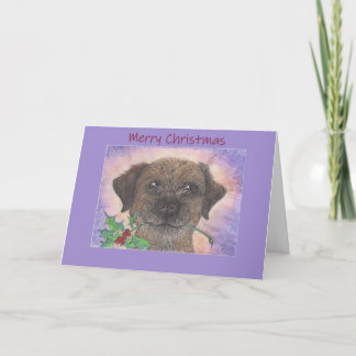 Cartão Feliz Natal, Borda Terrier Dog e Holly
