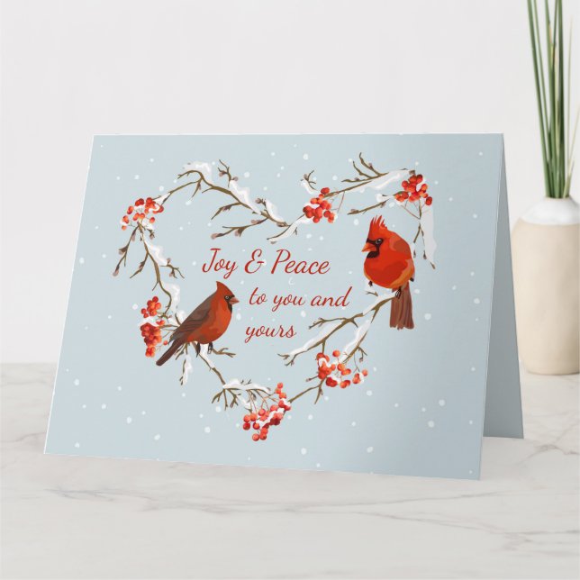Cartão Feliz Natal Cardinal Vermelho Pássaro Coração (Frente)