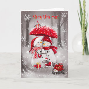 Cartão Feliz Natal, Casal de Snowman com guarda-chuva