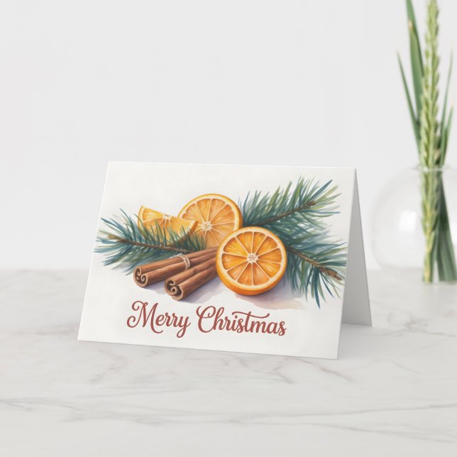 Cartão Feliz Natal com laranjas e canela (Frente)