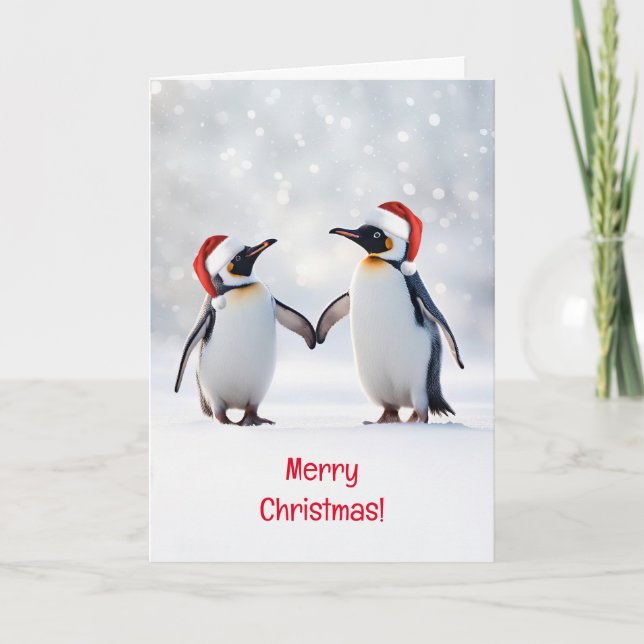 Cartão Feliz Natal com Pinguins Bonitos na Neve (Frente)