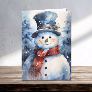 Cartão Feliz Natal da família Watercolor Snowman