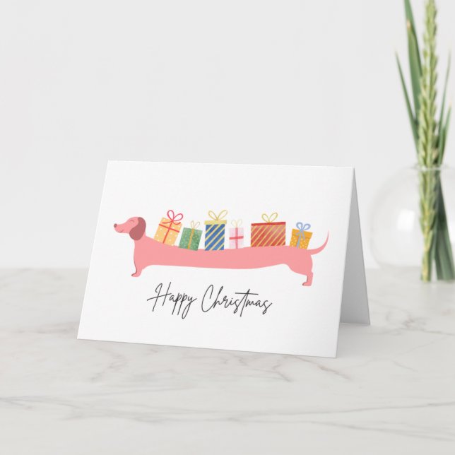 Cartão Feliz Natal Dachshund Presentes de Natal de Cachor (Frente)