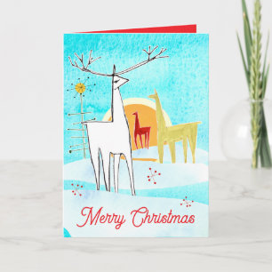 Cartão Feliz Natal Deer Snow Sunrise Árvore de Férias