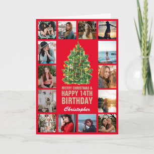 Cartão Feliz Natal e 14 Feliz Aniversário Vermelho e Dour