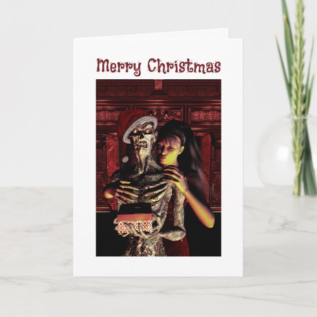 Cartão Feliz Natal. Esqueleto engraçado com mulher (Frente)